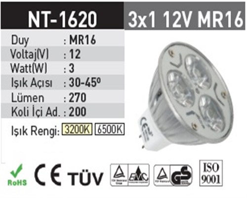 3x1 12v MR16 Power Led Ampul