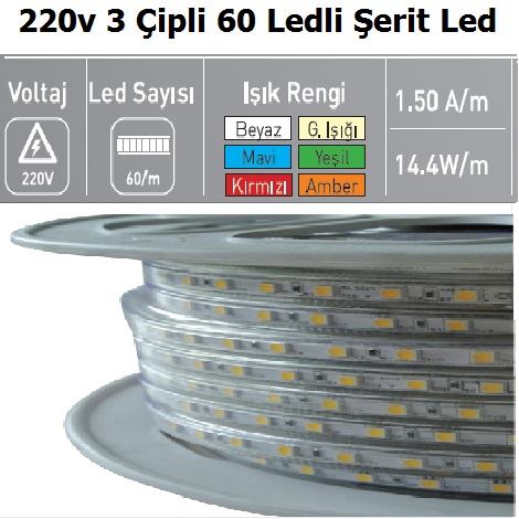 220v 3 ipli 60 Ledli D Mekan erit Led