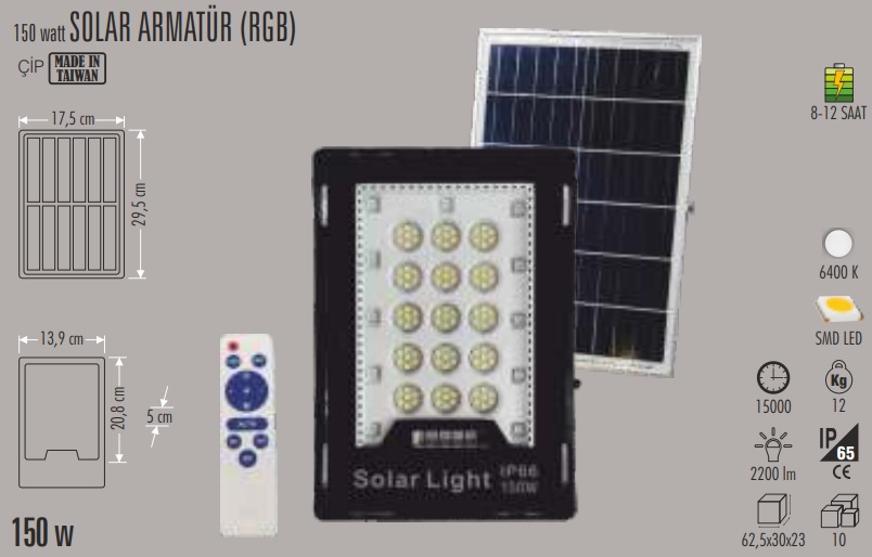 150w Solar Gne Enerjili arjl RGB Armatr