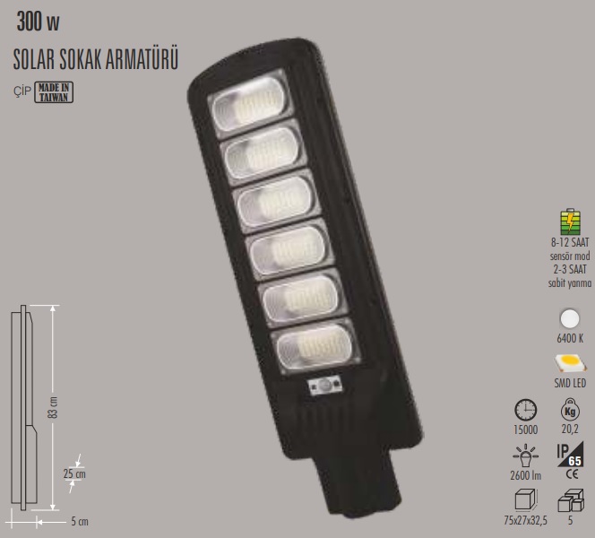 300w Sensrl Solar Led Sokak Armatr