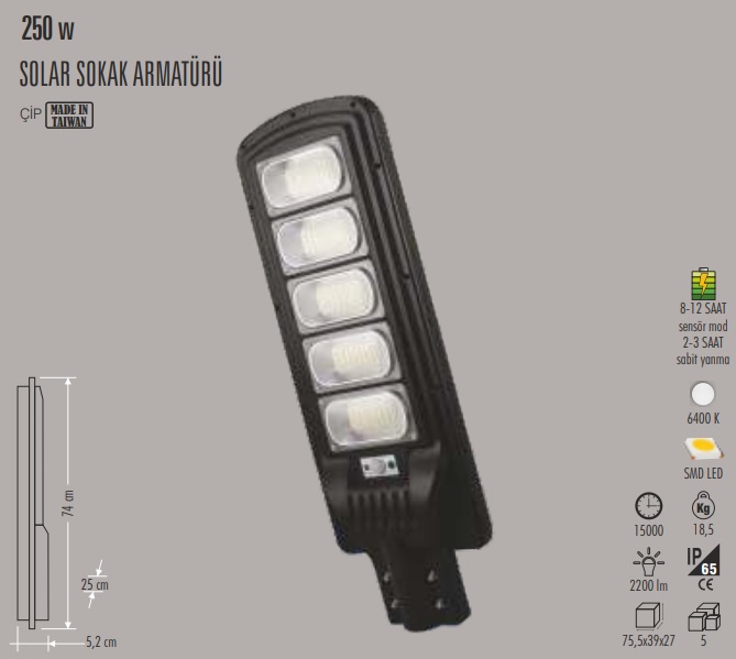 250w Sensrl Solar Led Sokak Armatr