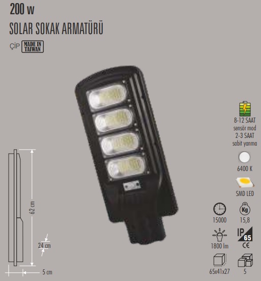 200w Sensrl Solar Led Sokak Armatr