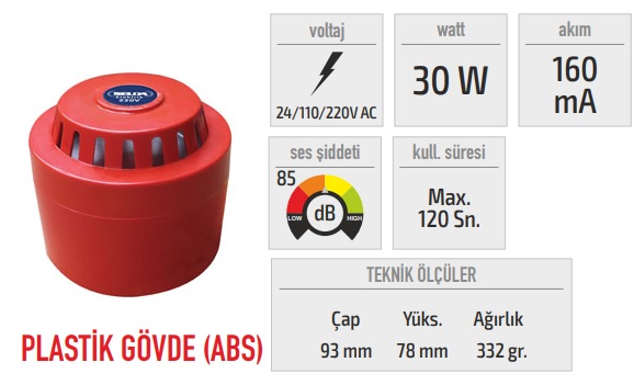 220v Plastik Alarm Korna