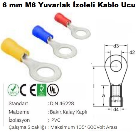 6 mm M8 Yuvarlak İzoleli Kablo Ucu