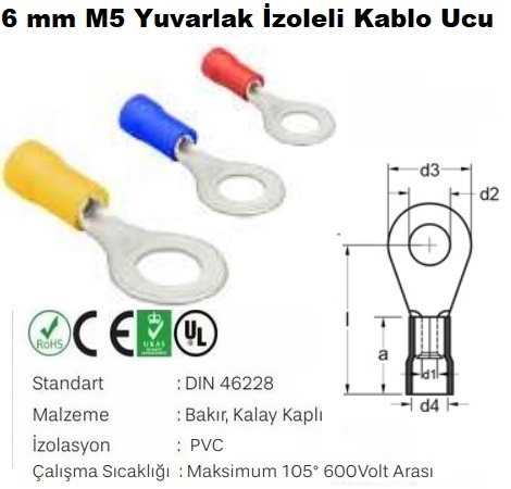 6 mm M5 Yuvarlak İzoleli Kablo Ucu