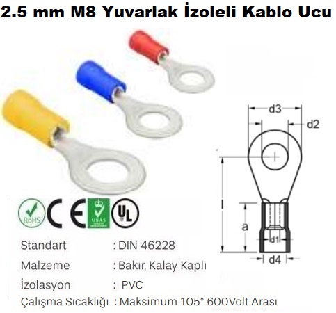 2.5 mm M8 Yuvarlak zoleli Kablo Ucu