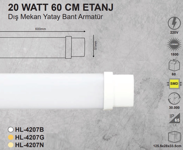 20w 60 cm D Mekan Etanj Led Bant Armatr