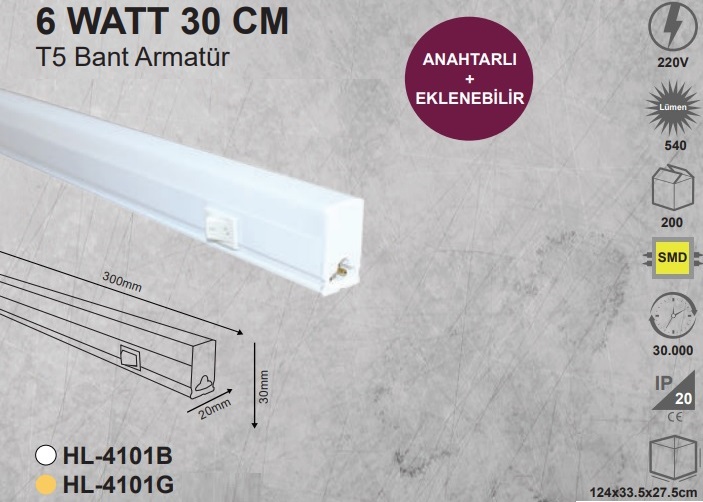 6w 30 cm Anahtarl T5 Bant Armatr