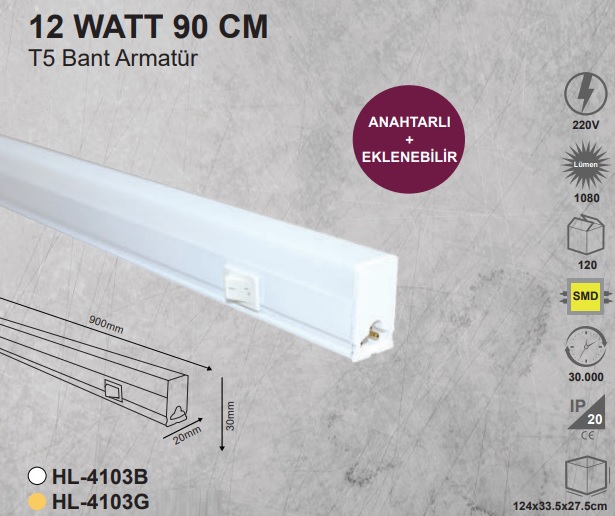 12w 90 cm Anahtarl T5 Bant Armatr