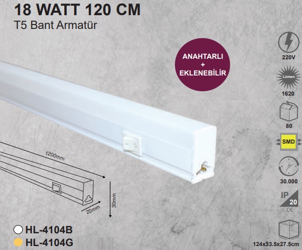 18w 120 cm Anahtarl T5 Bant Armatr